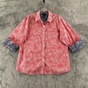 Foxcroft Shaped Fit Button Shirt Womens 18 Contrast Cuff‎ Orange Blue 3/4 Sleeve